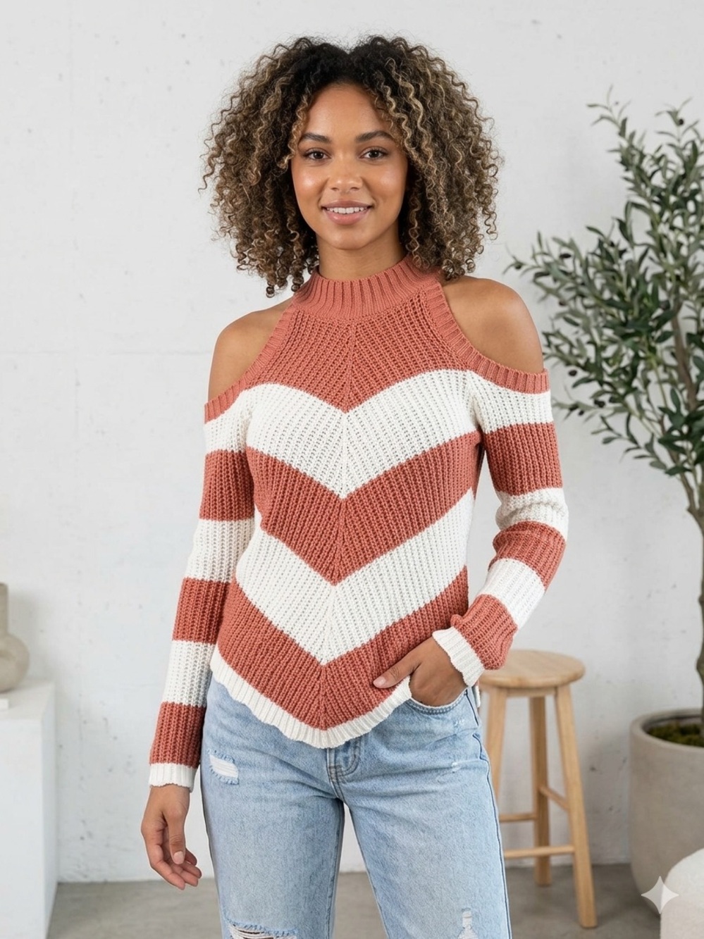 Striped Cold-Shoulder Knit Sweater - Cream & Brown